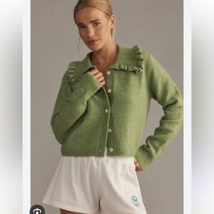 Anthropologie Green Ruffle Cardigan